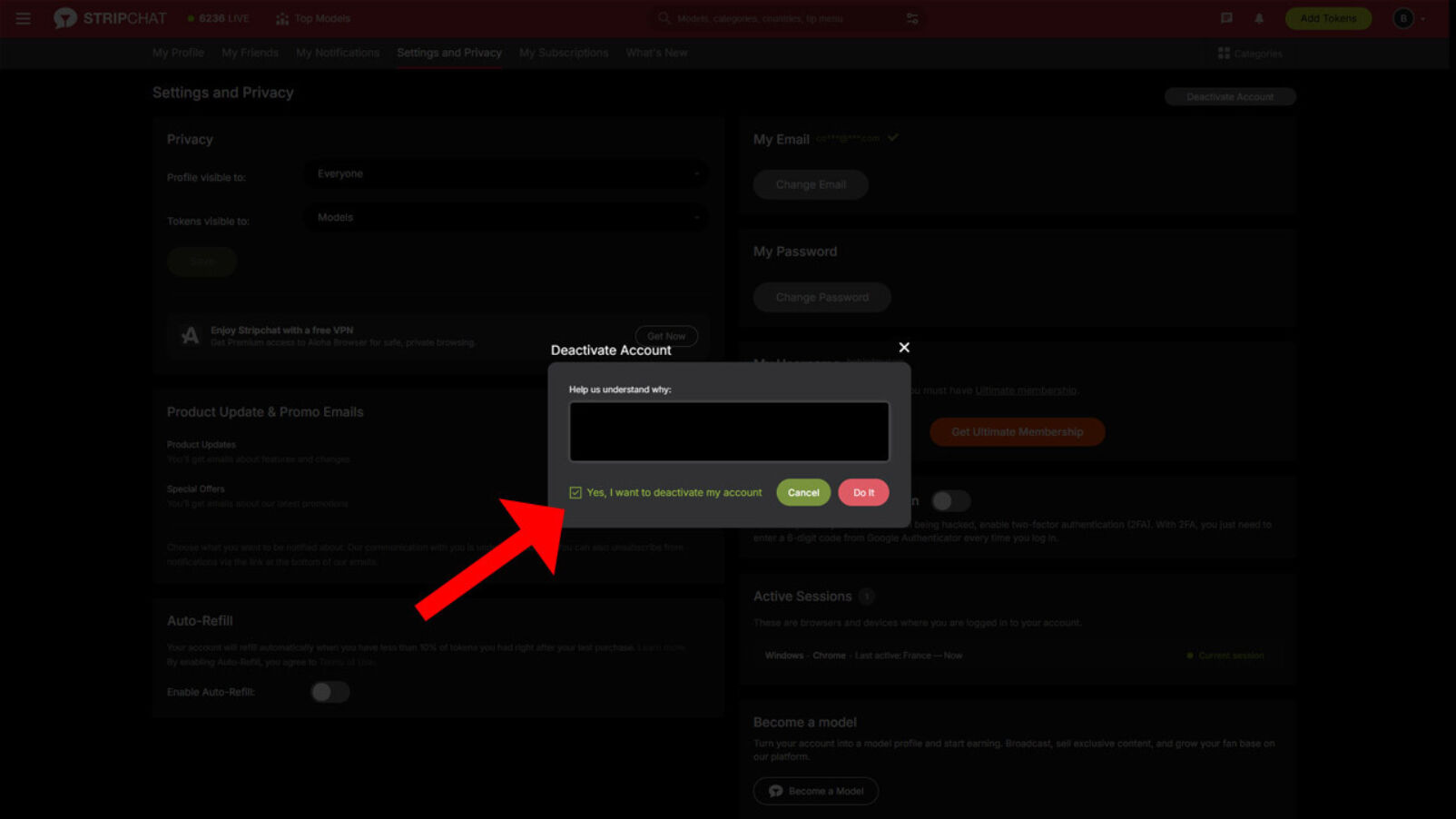 Delete stripchat account step 4